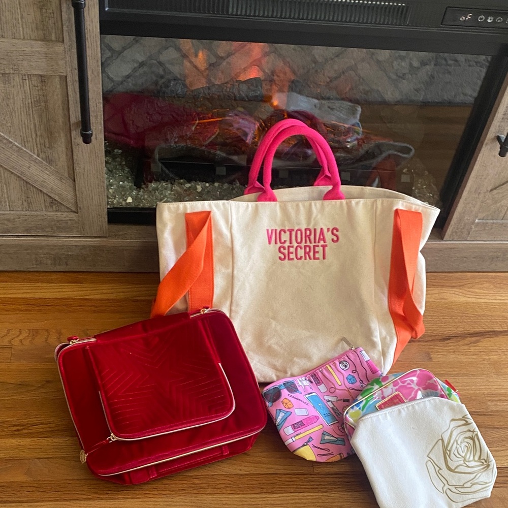 Victoria's Secret Cream Tote with Pink and Orange Accents